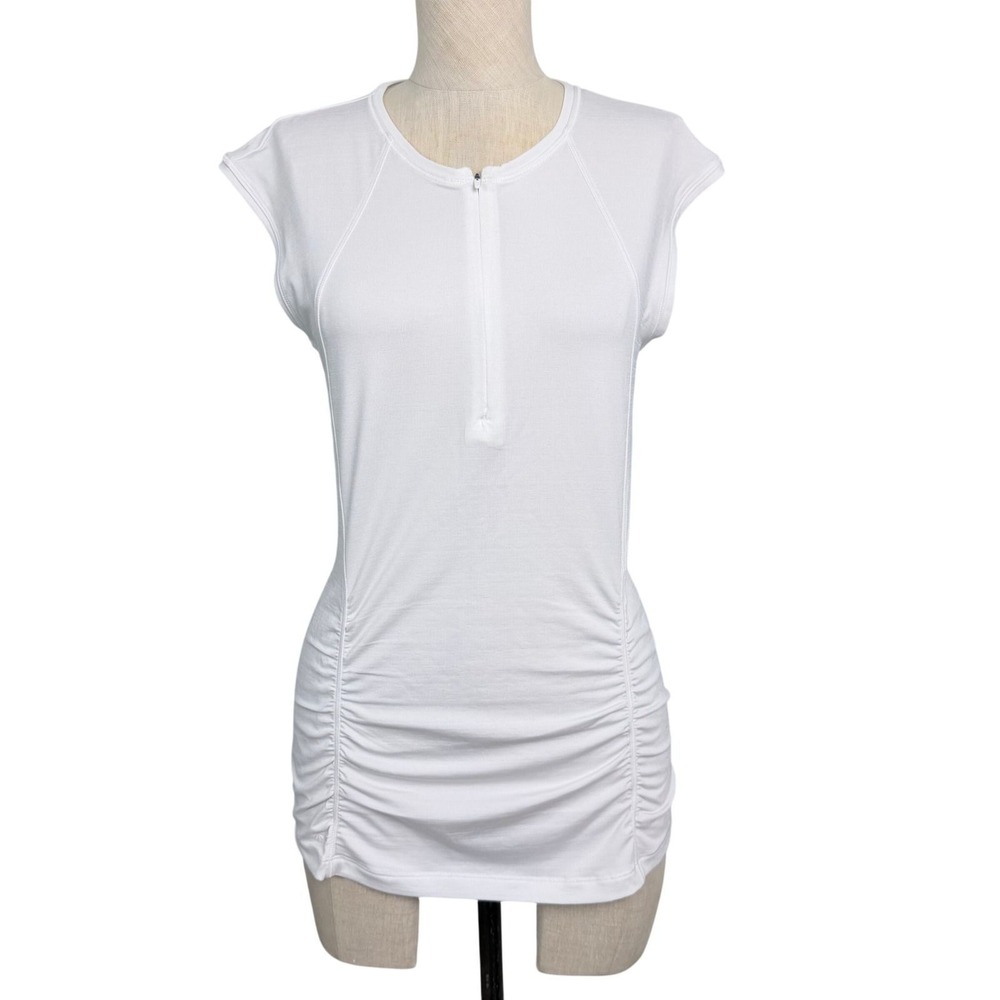 Athleta Womens White Cap Sleeve Quarter Zip Ruched Activewear Top Small